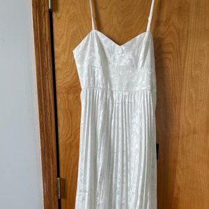 Lulu's Chic Sensibility White Satin Jacquard Pleated Midi Dress